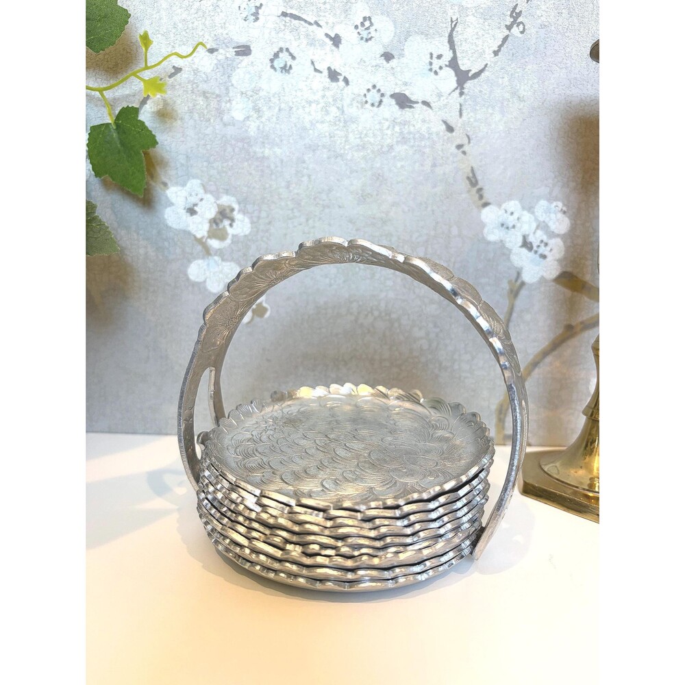 Vintage Aluminum Coasters Set with Caddy – Hammered Metal Brillantone Finish